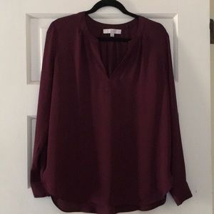 LOFT low V-neck, wine/burgundy blouse